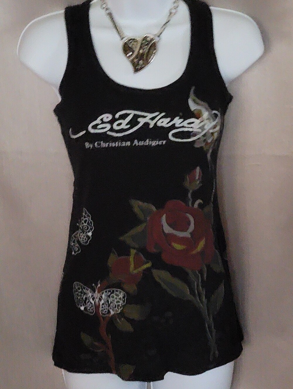 Ed Hardy Black Tank with Red Rose & Butterfly Graphic